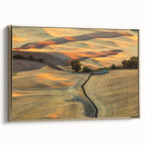Framed canvas featuring a vintage-style landscape painting of the Palouse region in Washington with muted earth tones.