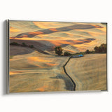 Landscape art painting of Palouse, Washington, featuring rolling hills in muted earth tones on a silver-framed canvas.