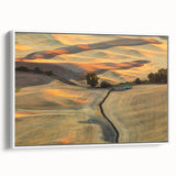 Vintage poster art of Palouse, Washington, featuring vibrant green fields on white-framed canvas.