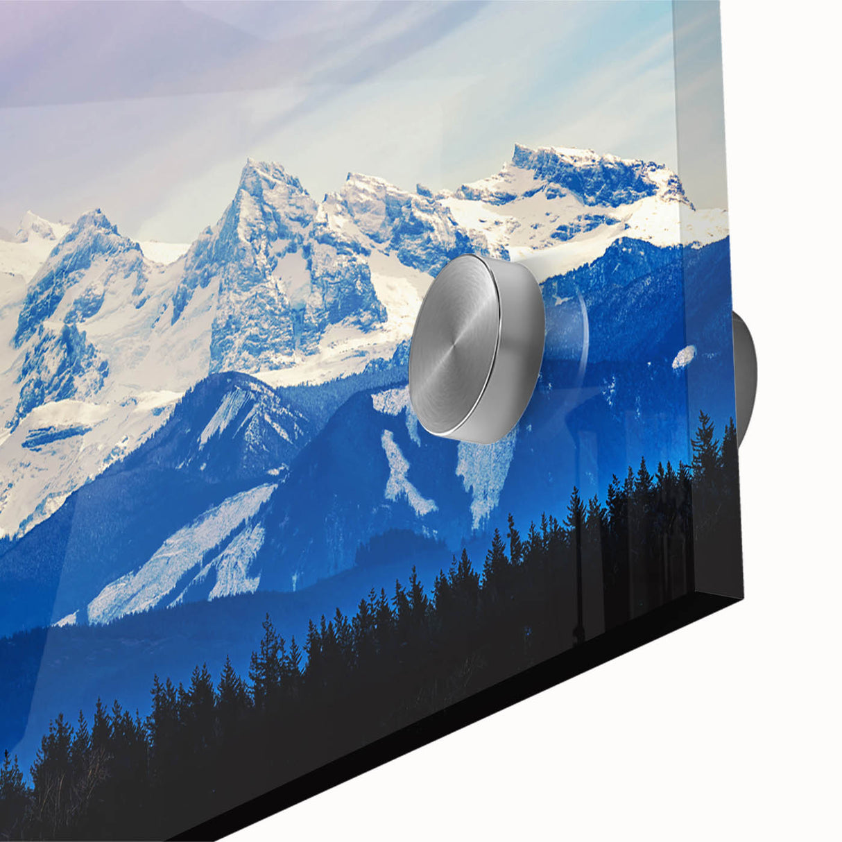Large abstract wall art of Seattle skyline in muted gray and blue tones on acrylic glass, suitable for dining room ambiance.