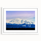Abstract art print of Seattle skyline in muted gray and blue tones on a framed white mat, ideal for dining room decor.