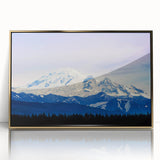 Mid-century modernist Seattle skyline in muted gold and blue tones on framed acrylic, suitable for modern art wall decor.