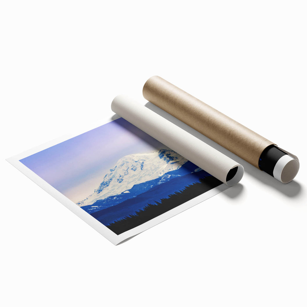 Extra large rolled print of Seattle skyline with soft pink floral accents on a muted background.