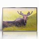 Mid-century modernist art depicting the Grand Tetons in muted earth tones on a framed acrylic print.