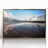 Mid-century modernist style large art print of Yellowstone scenery, framed in acrylic with gold accents.