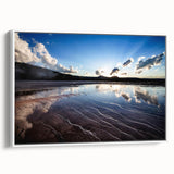 Vintage poster art of Yellowstone scenery on a framed canvas, blending colorful art with black accents.