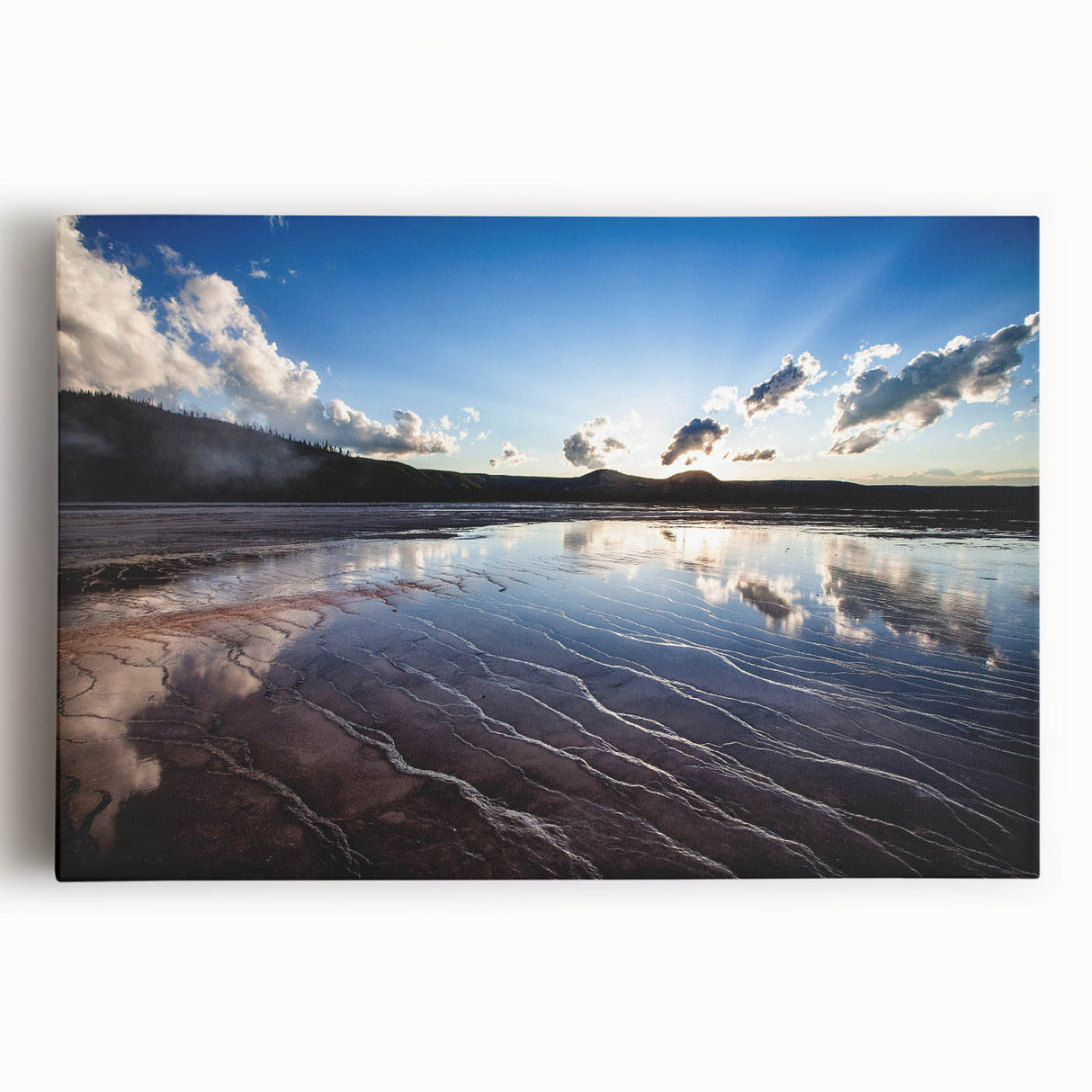 Black and white photograph of Yellowstone National Park on stretched canvas, ideal for kitchen wall art.