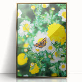 Large art print of spring-themed mid-century modernist design in acrylic frame, with pastel colors and gold accents.