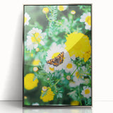 Mid-century modernist art depicting spring season in pastel shades, framed in silver acrylic, suitable for nursery wall art.