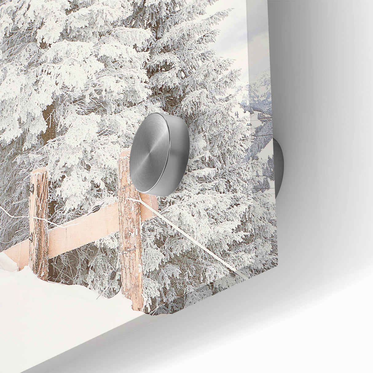 Large abstract wall art depicting winter themes in muted blue and gray tones on acrylic glass.