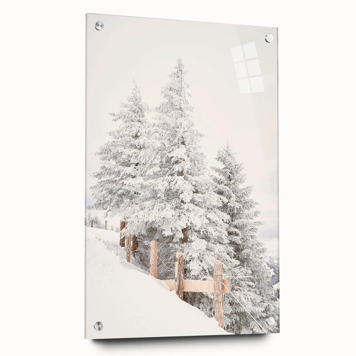 Large abstract wall art on acrylic glass depicting winter scene in muted blue and white tones, ideal for dining room decor.