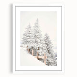 Abstract art print depicting a winter scene in muted blue and white tones on a framed canvas, ideal for dining room decor.