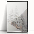 Large abstract wall art depicting a winter scene in muted blue and white tones, framed in black acrylic.