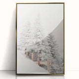 Mid-century modernist winter scene in muted blue and white tones, framed acrylic, ideal for nursery wall art.