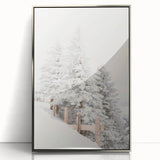 Mid-century modernist winter scene in silver frame, featuring muted blue and white tones, ideal for nursery wall art.