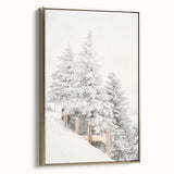 Winter landscape painting on framed canvas, featuring muted blue and white tones, ideal for bedroom wall art.