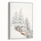 Vintage poster art depicting a winter scene on an extra large framed canvas, with vibrant colors against a black background.