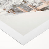 Art deco poster featuring a winter scene in muted blue and white tones on rolled canvas, suitable for dining room decor.