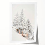 Winter-themed floral art on a rolled canvas print, featuring cool blue and white tones, suitable for dining room wall decor.