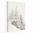 Winter-themed stretched canvas depicting a snowy landscape in muted blue and white tones, suitable for kitchen wall art.