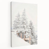 Winter-themed stretched canvas depicting a snowy landscape in muted blue and white tones, suitable for kitchen wall art.