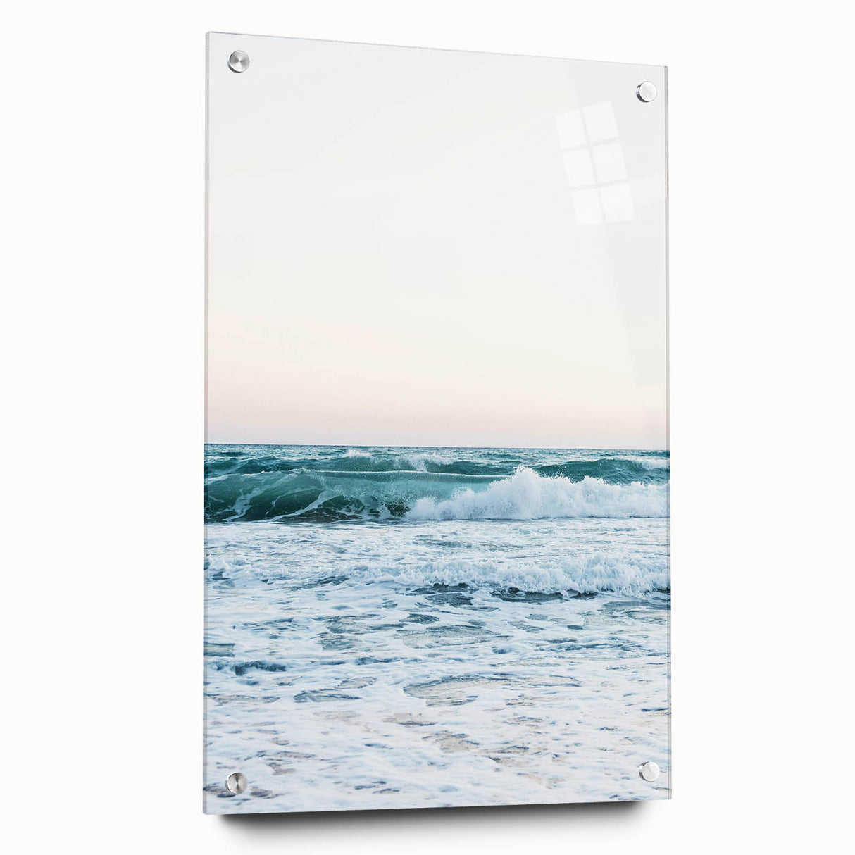 Large abstract wall art in vibrant blues and greens on acrylic glass, suitable for bedroom or dining room decor.