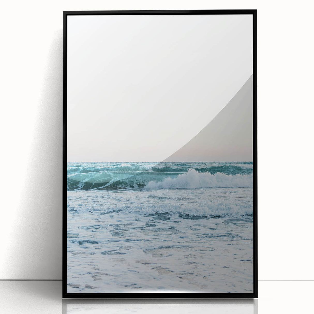 Large abstract wall art in vibrant orange and yellow, acrylic print in a black frame, suitable for modern living room decor.