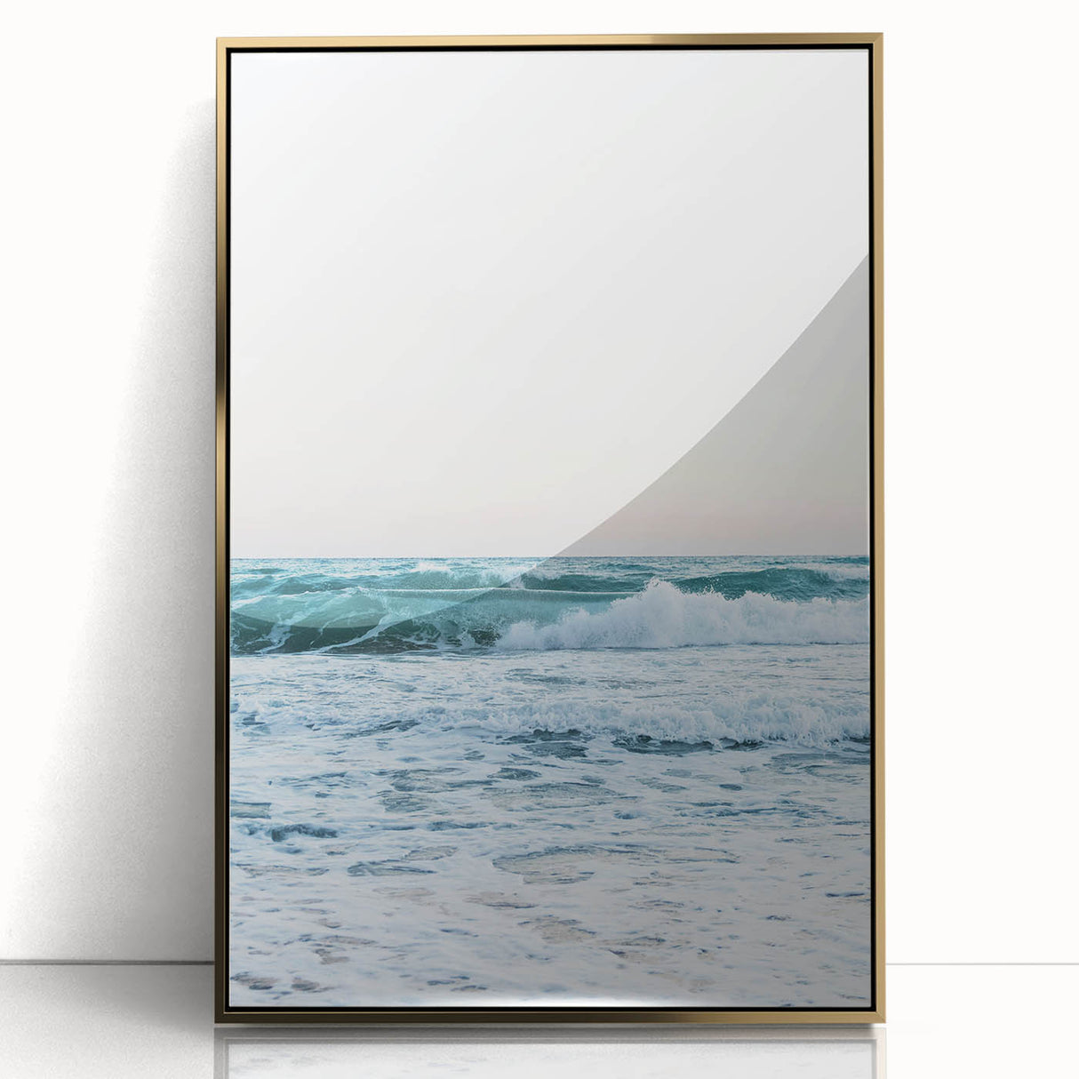 Large acrylic print of a mid-century modernist summer scene with gold framing, suitable for modern art wall decor.