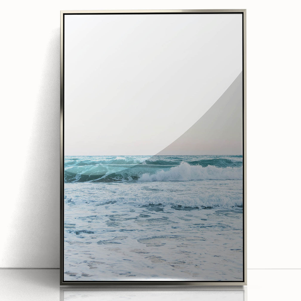 Mid-century modernist art featuring geometric shapes in muted pastel colors on a silver-framed acrylic.