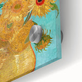 Large abstract wall art on acrylic glass featuring mid-century modernist style in vibrant colors.