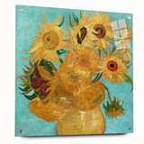 Acrylic print of a large abstract design in vibrant blues and yellows, suitable for bedroom or dining room wall decor.