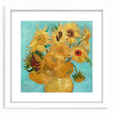 Abstract art print of swirling blue and yellow patterns on a framed white canvas, suitable for bedroom or dining room decor.