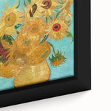 Close-up of a textured, extra-large framed canvas featuring a colorful abstract design in predominantly black tones.