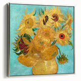 Vintage poster art of Van Gogh's painting in colorful palette, framed in silver, suited for living room decor.