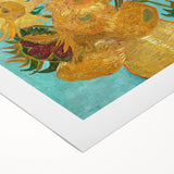 Art deco poster featuring a stylized Van Gogh portrait in vibrant blue and yellow on rolled canvas.