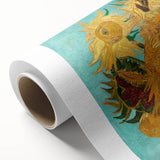 Art deco poster featuring geometric patterns in gold and teal tones on rolled canvas, suitable for dining room walls.