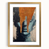 Abstract figurative frame featuring a gold mat, showcasing a modern art piece with vibrant colors and intricate shapes, perfect for contemporary decor.