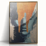 Framed abstract figurative wall art in gold tones, showcasing dynamic shapes and textures, ideal for modern home decor or art enthusiasts.