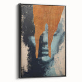 Framed abstract figurative canvas artwork in black, showcasing a modern design with bold lines and shapes, presented from a side view for artistic depth.