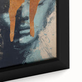 Close-up view of a framed abstract figurative canvas artwork showcasing vibrant colors and intricate patterns, perfect for modern home decor and artistic expression.