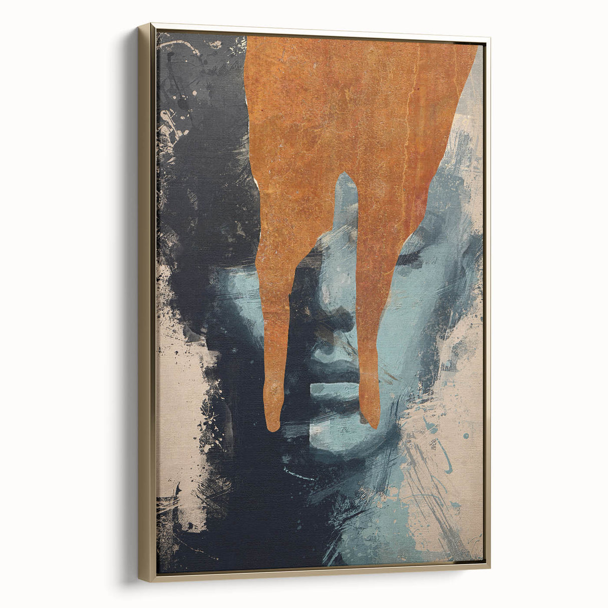 Framed canvas artwork showcasing an abstract figurative design with gold accents, displayed from a side view, ideal for modern home decor and art enthusiasts.
