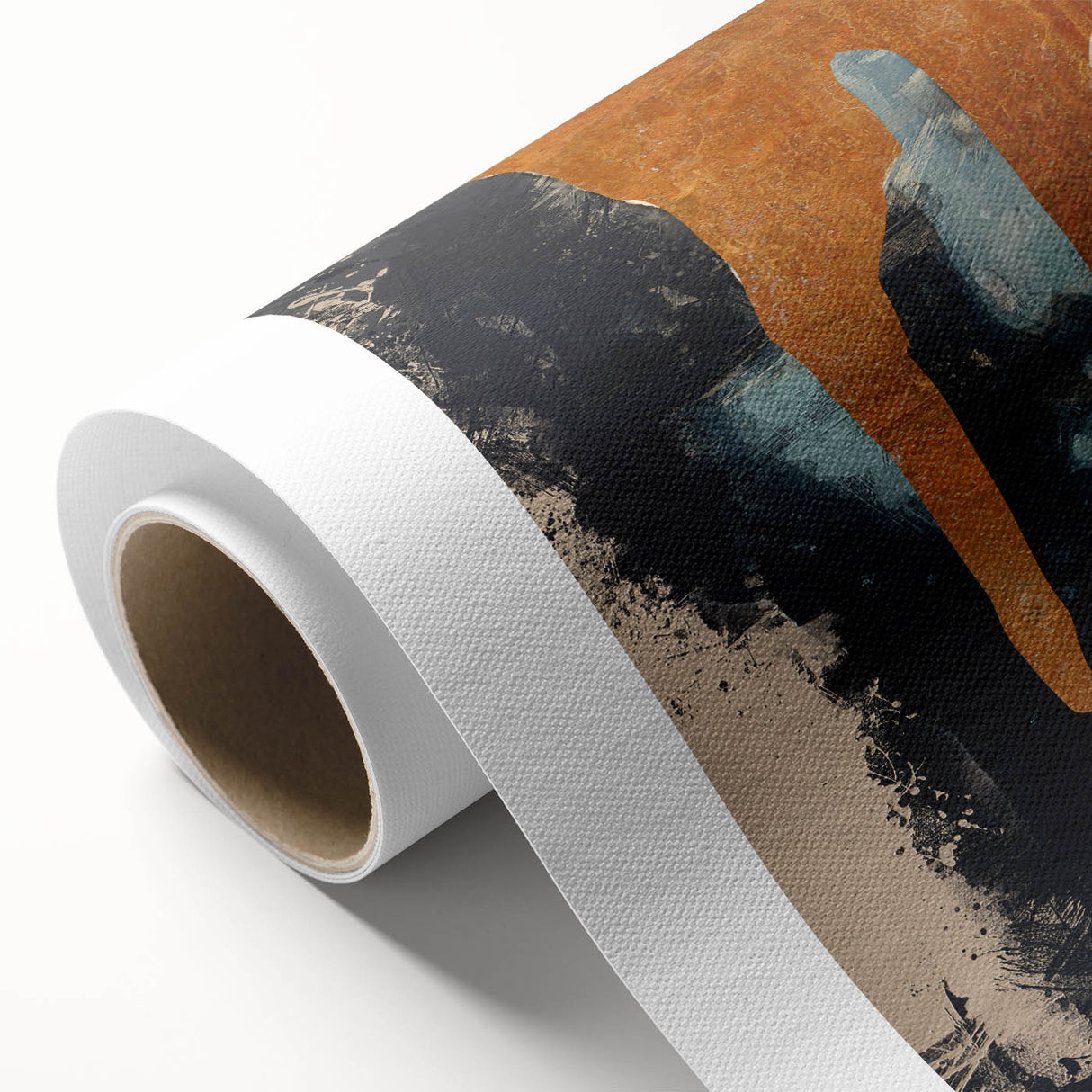 Abstract figurative rolled canvas artwork showcasing vibrant colors and dynamic shapes, elegantly packaged in a protective cardboard tube for easy display and transport.