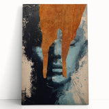 Abstract figurative stretched canvas art featuring vibrant colors and dynamic shapes, leaning against a neutral wall, perfect for modern decor and artistic expression.
