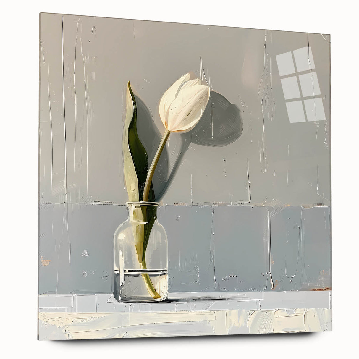Abstract floral wall art displayed in a side view, showcasing vibrant colors on acrylic glass, perfect for modern home decor. Ideal for enhancing interior aesthetics.