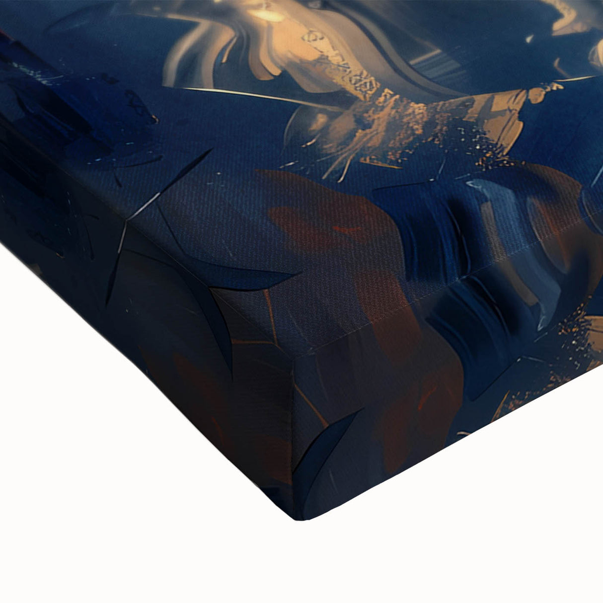 Close-up of a stretched canvas showcasing vibrant abstract landscape wall art in rich hues of blue, orange, and green, ideal for modern home decor.