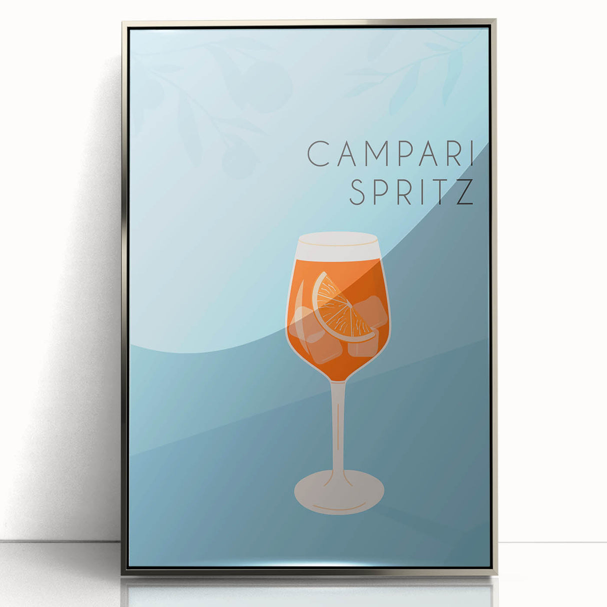 Large art print of a mid-century modernist food and drinks motif in muted colors, framed in silver acrylic.