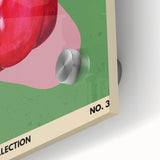 Large abstract wall art featuring assorted fruits in vibrant colors on acrylic glass, ideal for dining room decor.