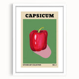 Abstract art print of assorted fruits in vibrant colors, framed with a white mat, ideal for dining room decor.