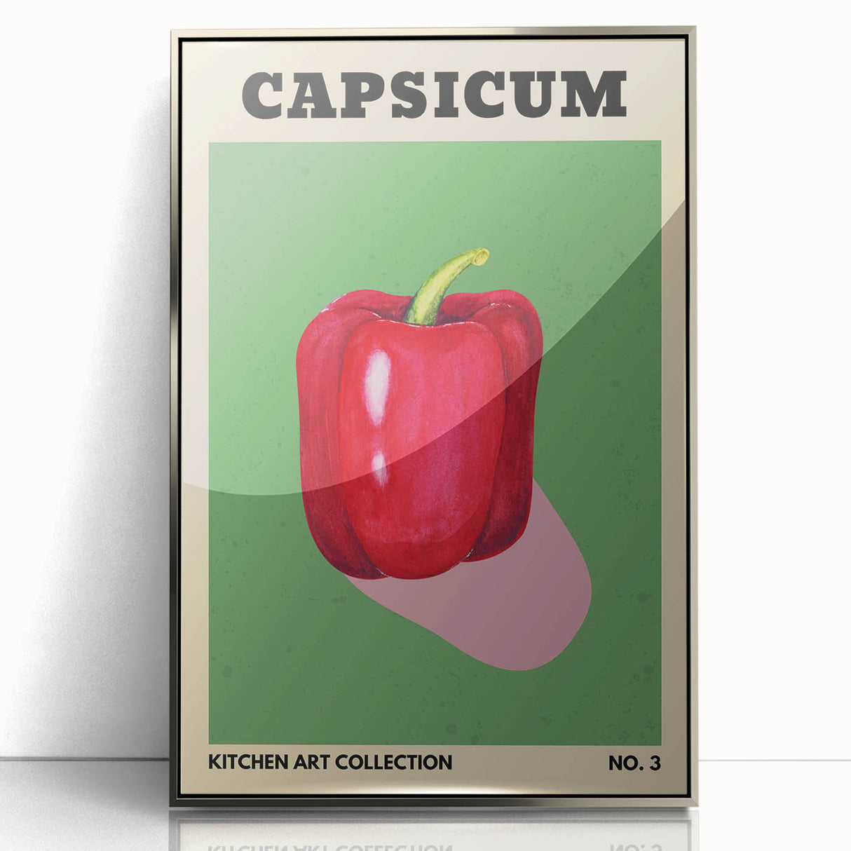 Mid-century modernist art featuring an array of fruits in vibrant colors on a silver-framed acrylic.