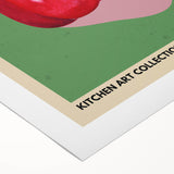 Art deco poster featuring assorted fruits in bold colors on rolled canvas, suitable for dining room decor.